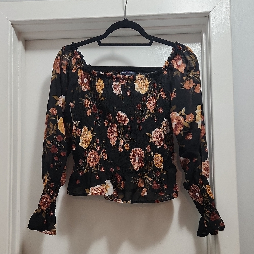 Flowery Long Sleeve Black Shirt